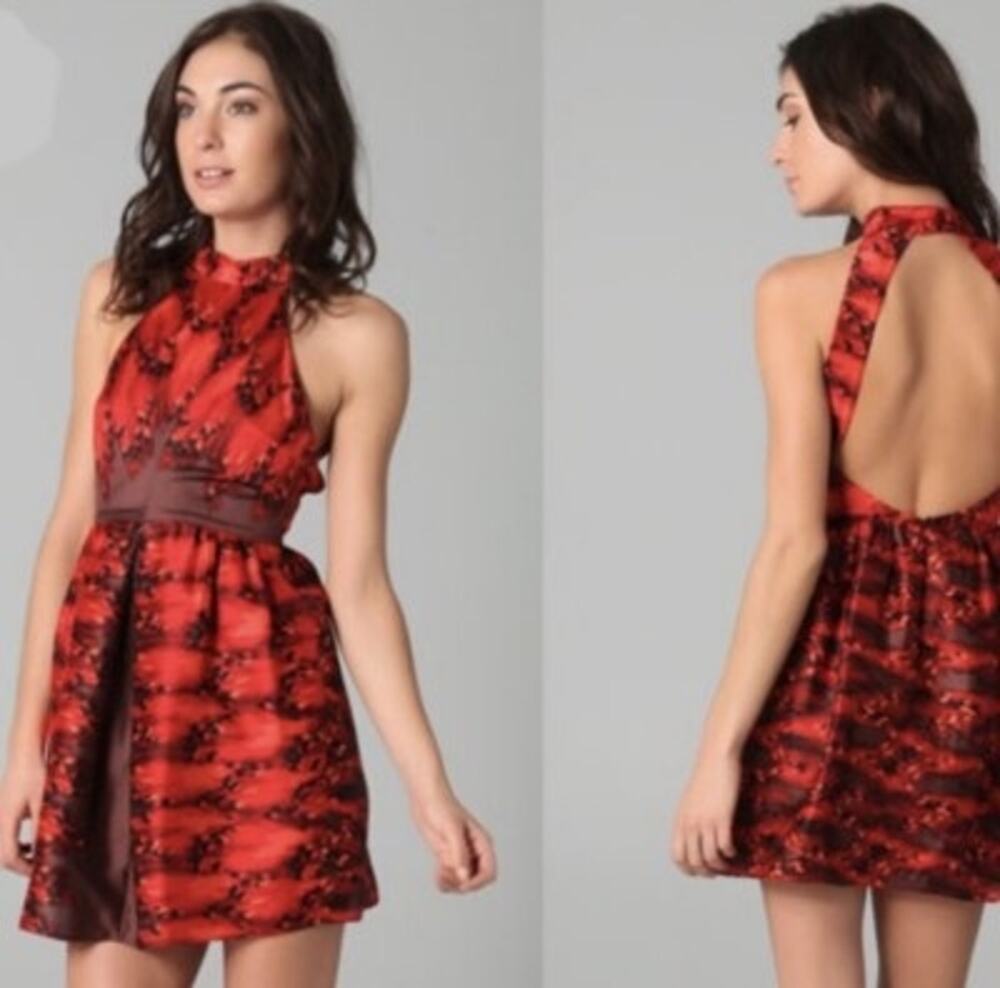 Tibi Silk Pirouette Party Dress Backless High Neck Red Brown Pleated Mini Dress